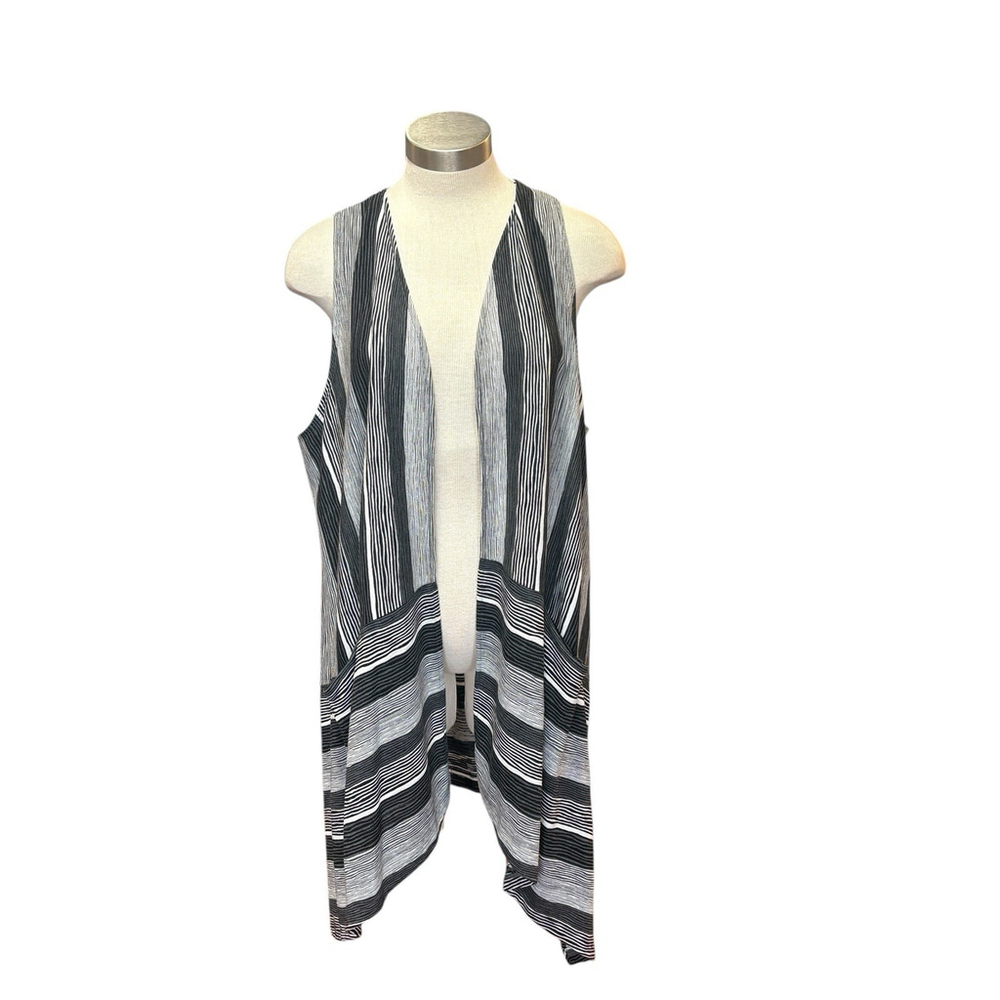 Sympli Vest Long Black White Stripes Sleeveless Cardigan Knit Sz 14